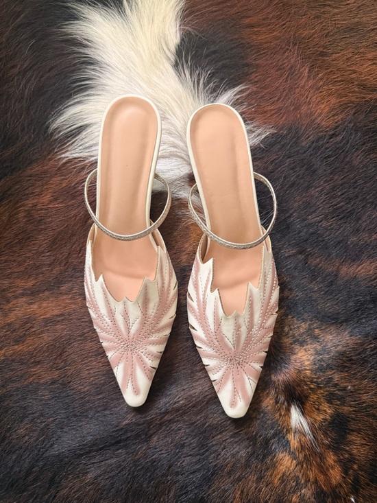 Shoes - Pointed Toe Cream and Pink Floral-Embroidered Slip-On Mules with Metallic Strap